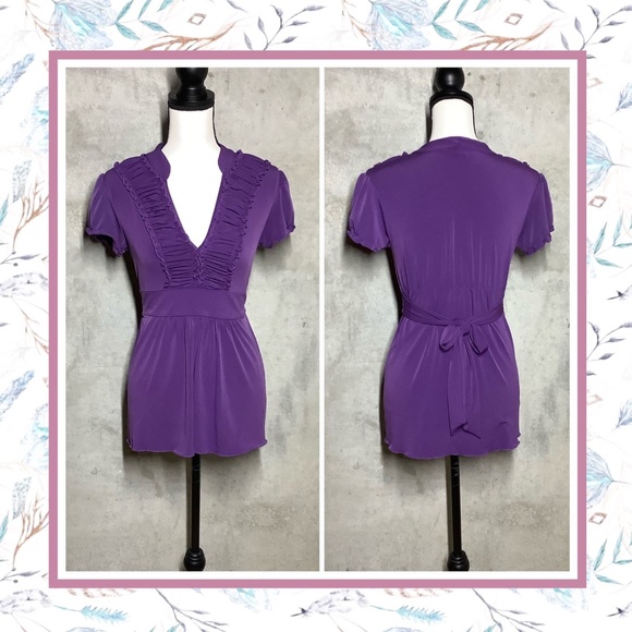 🌸 PURPLE SHIRT TOP RUFFLE V NECK PETITE TEEN SMALL DARLING RIBBON FORVER 21 - Picture 1 of 6